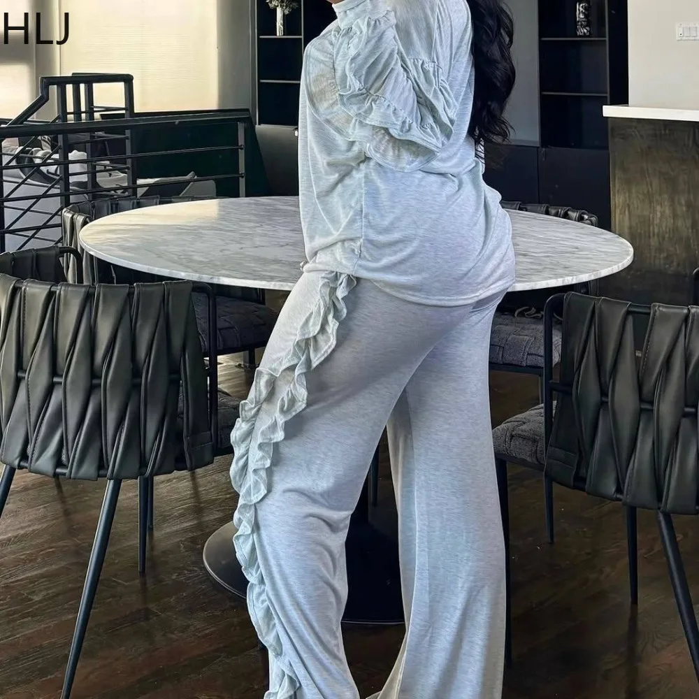 HLJ décontracté froncé Patchwork moulante 2 pièces ensemble pour femme tenues couleur unie à manches longues haut et pantalon femme Streetwear nouveau