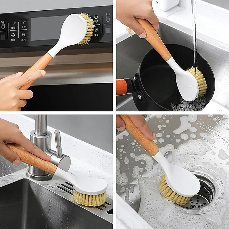 Kitchen Cleaning Brush Natural Wooden Handle Cleaning Dishwashing Brush Cast Iron Frying Pan Brush Kitchen Accessories