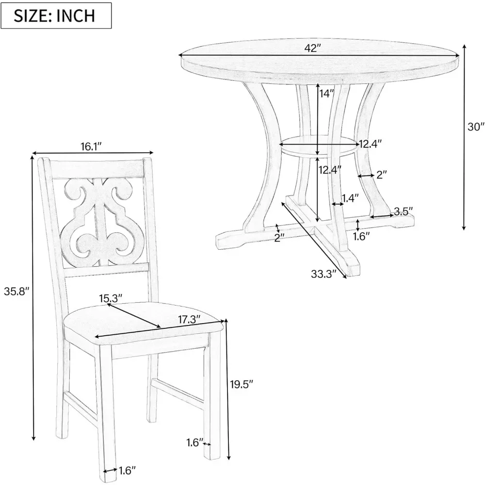 5-Piece Round Dining Table and Chair Set with Shelf for Family Dinings Area, Wood Dining Table Set