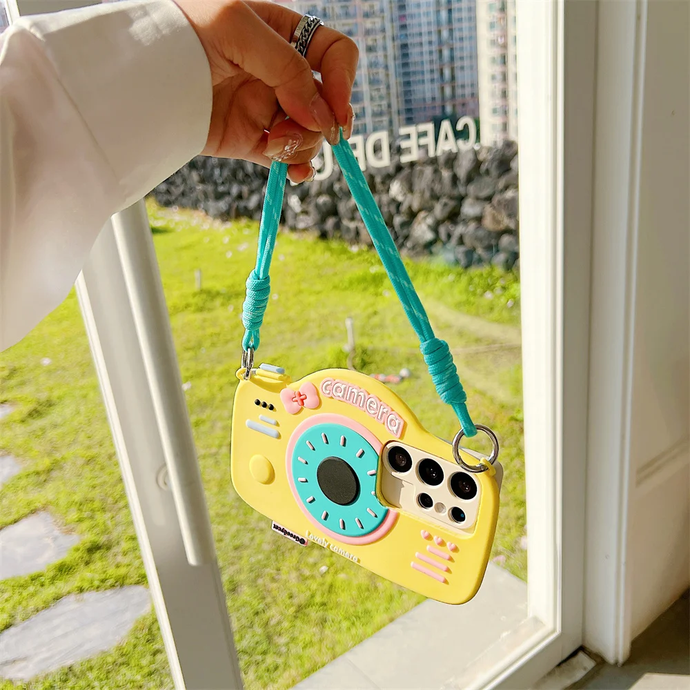 Y2K Cute Retro Yellow Camera Phone Case for S26 Ultra Hand Strap Cartoon Soft Silicone Cover for Samsung Galaxy S25 S24 S23 A57