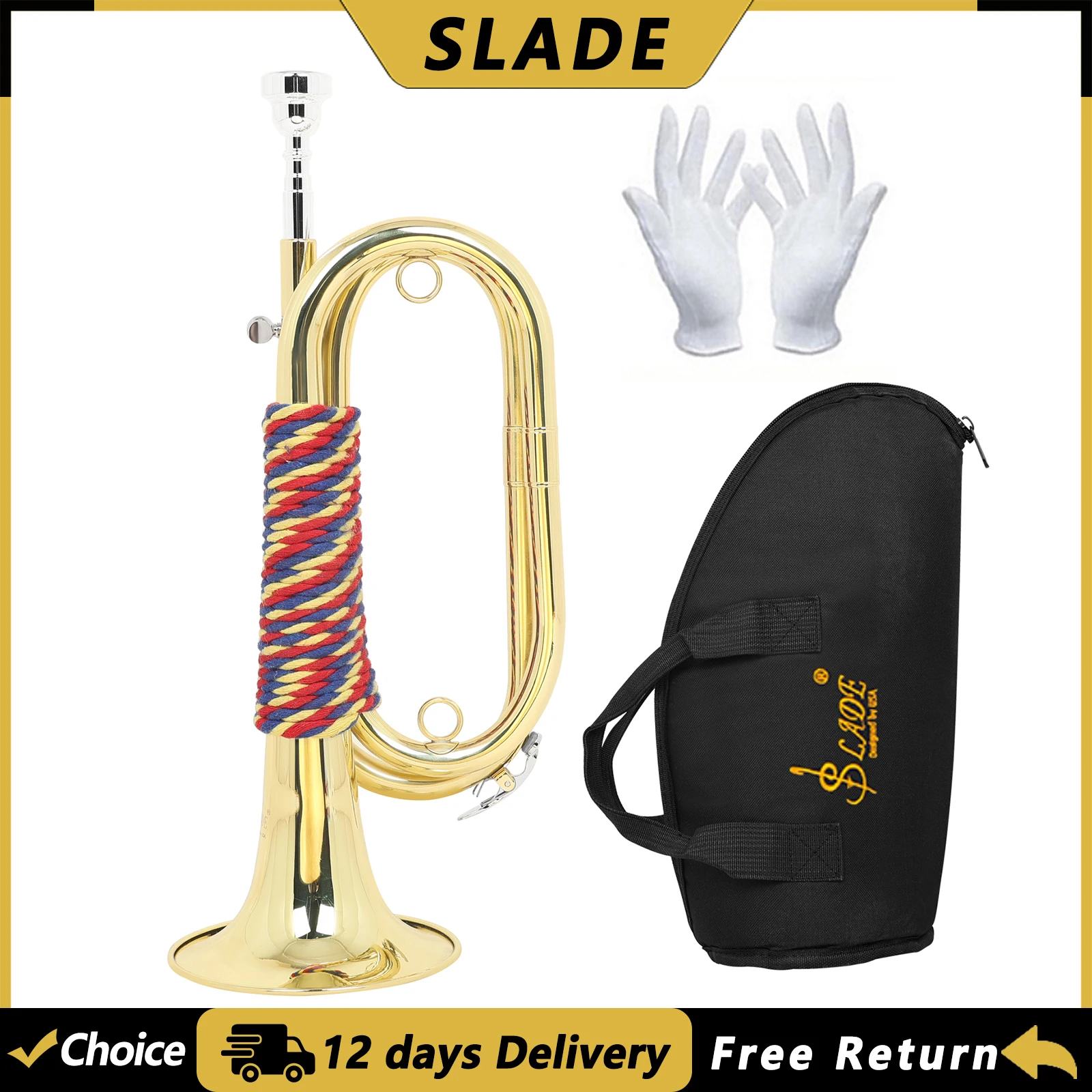 SLADE LDS650 Bb Military Bugle Trumpet Brass Body Army Horn Colorful Braided Handle Military Bugle Brass Instrument with Bag
