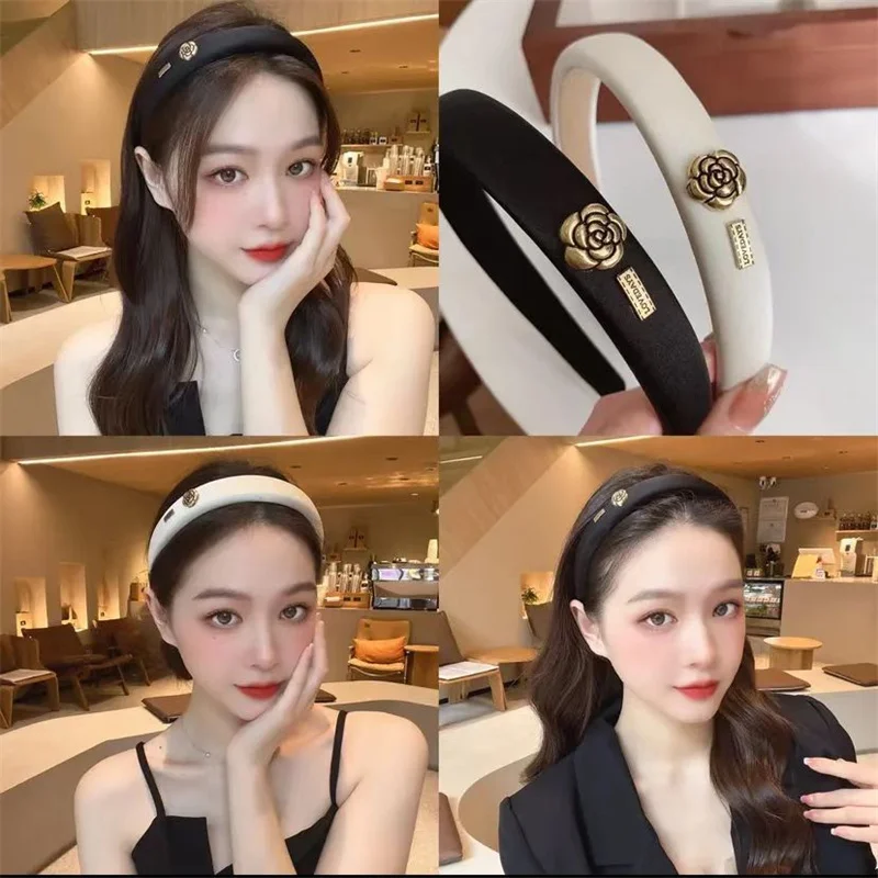 New Fashion Camellia Sponge Hair Band Headdress Black And White Korean Version Of Women\'s Headband Hair Accessories