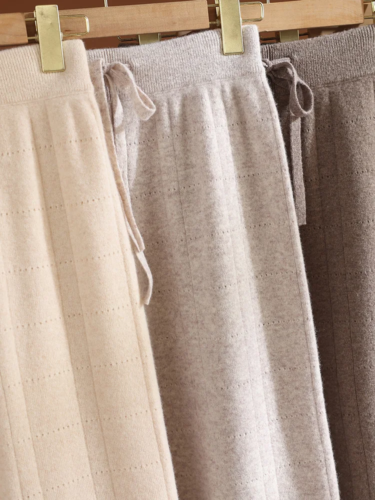 

TLOML New Women's 100% Merino Wool Knitted Wide Leg Pants Autumn Winter Basic Soft Warm Cashmere Knit Casual Drawstring Trousers