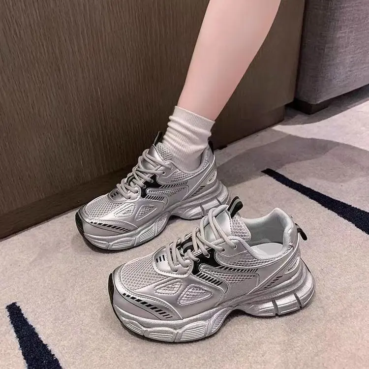 Girls' Sneakers 2024 Fall Kids Big Silver Daddy Shoes Big Kids Breathable Running Shoes