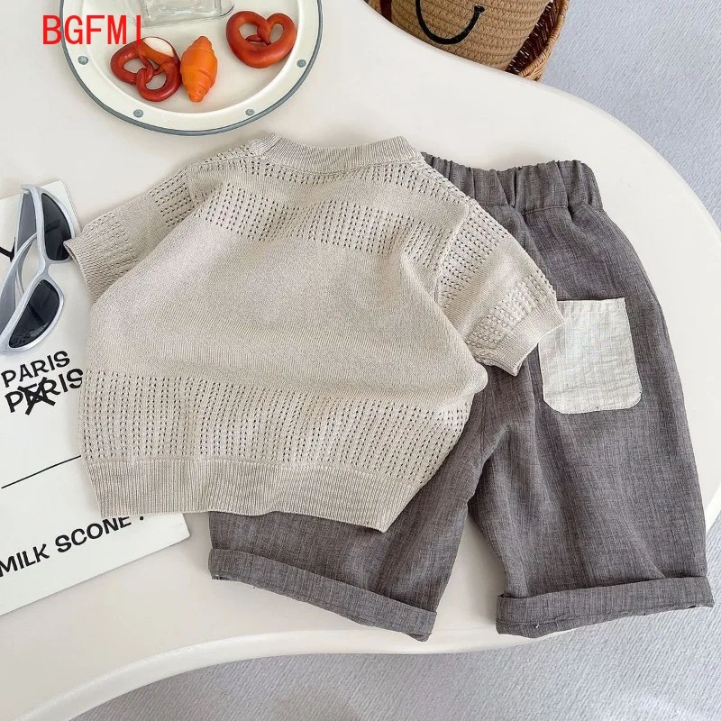 Baby Boys Summer Outfits Set Baby Ginkgo Hollow Knitted Shirt+Grey Blazer Kid Casual Nine Point Pants 2PCS Set Trendy 1-5Y