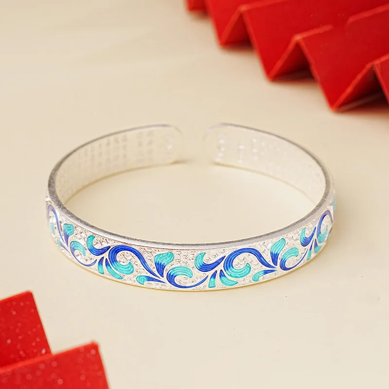 Retro Gloss silver 925 Heart Sutra Bracelet for women Blue Green Enamel Roll Grass Pattern bangles Open Jewelry Gift