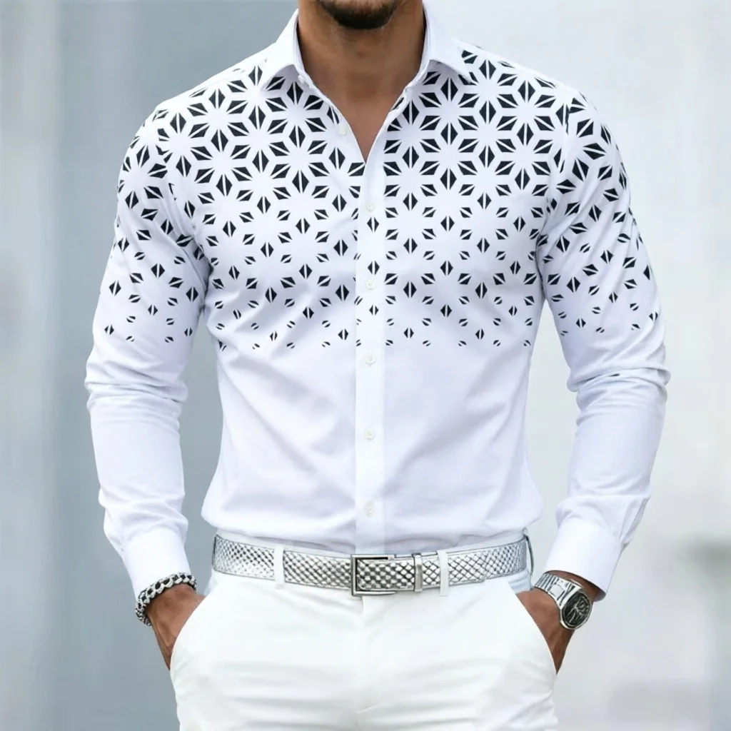 

Мужская рубашка с длинными рукавами, на пуговицах, с цифровой печатью, в повседневном стиле, для улицы, из комфортной и мягкой ткани.