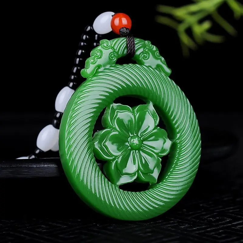 

Natural Green Hand-carved Flower Jade Pendant Fashion Boutique Jewelry Men and Women Flower Blooming Wealth Necklace Accessories