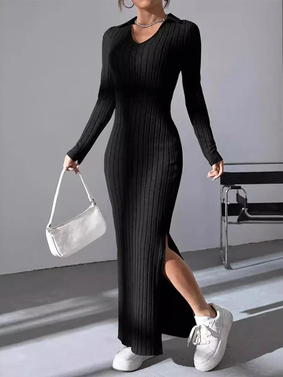 New Fashion Womens Knit Midi Dress Long Sleeve Lapel Collar Solid Color Bodycon Long Dress Going Out Dress Hot Sale S-XL