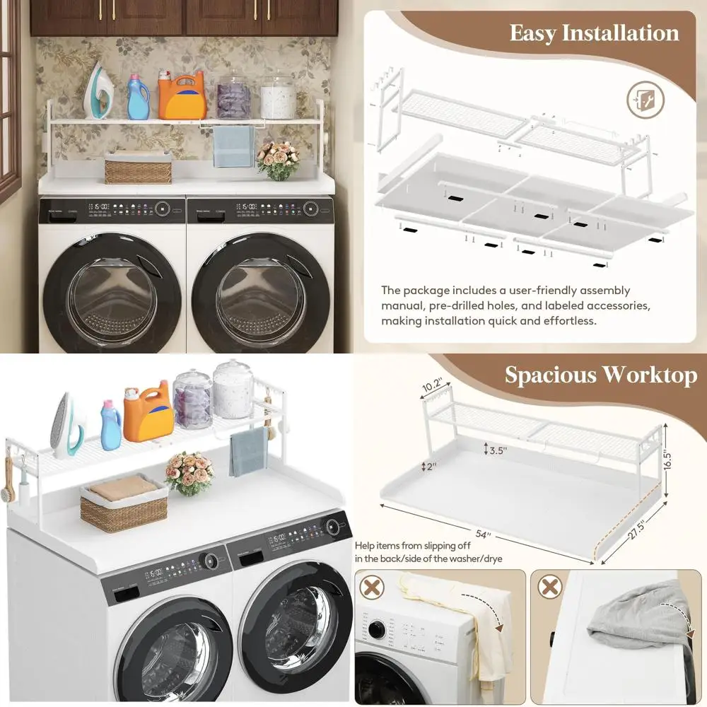 

Adjustable Shelf Washer Dryer Countertop, 54 x 27.5 White Melamine with Towel Rack & 8 Hooks for Laundry Storage
