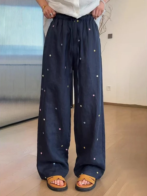 

High Waist Loose Wide Leg Casual Pants Women's plus Size Simple Design Embroidery Straight Cut Summer Trousers for Middle-Age...