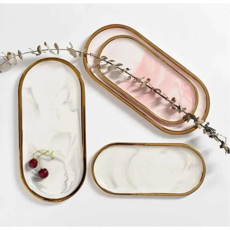Nordic Marble Texture Tray Ceramic Oval plate Western Dish Dessert Jewelry Storage