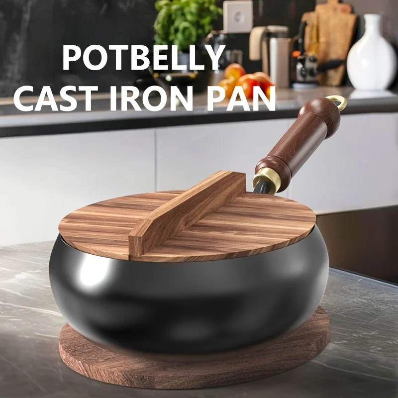 

1pc Potbelly Cast Iron Pan with Lid - Uncoated Heavy-Duty Construction, Even Heat Distribution & Retention