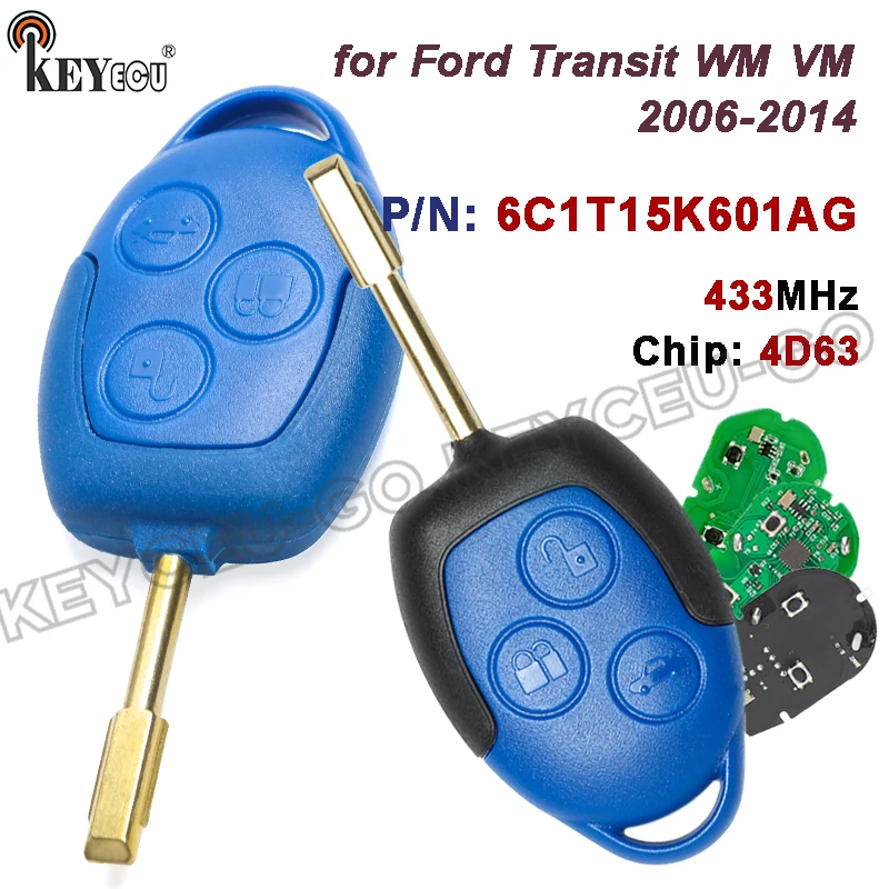 KEYECU 433MHz 4D63 Chip for Ford Transit WM VM 2006-2014 Blue/Black FO12 Blade P/N: 6C1T15K601AG 3 Button Remote Key Fob