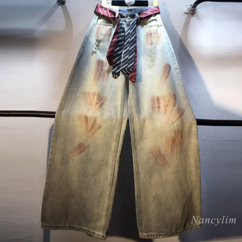 

Super Slimming Look Jeans, Spring Summer New Arrival Brushed Hole Hand-painted Tie Belt Straight-leg Wide-leg Jeans Pants Women