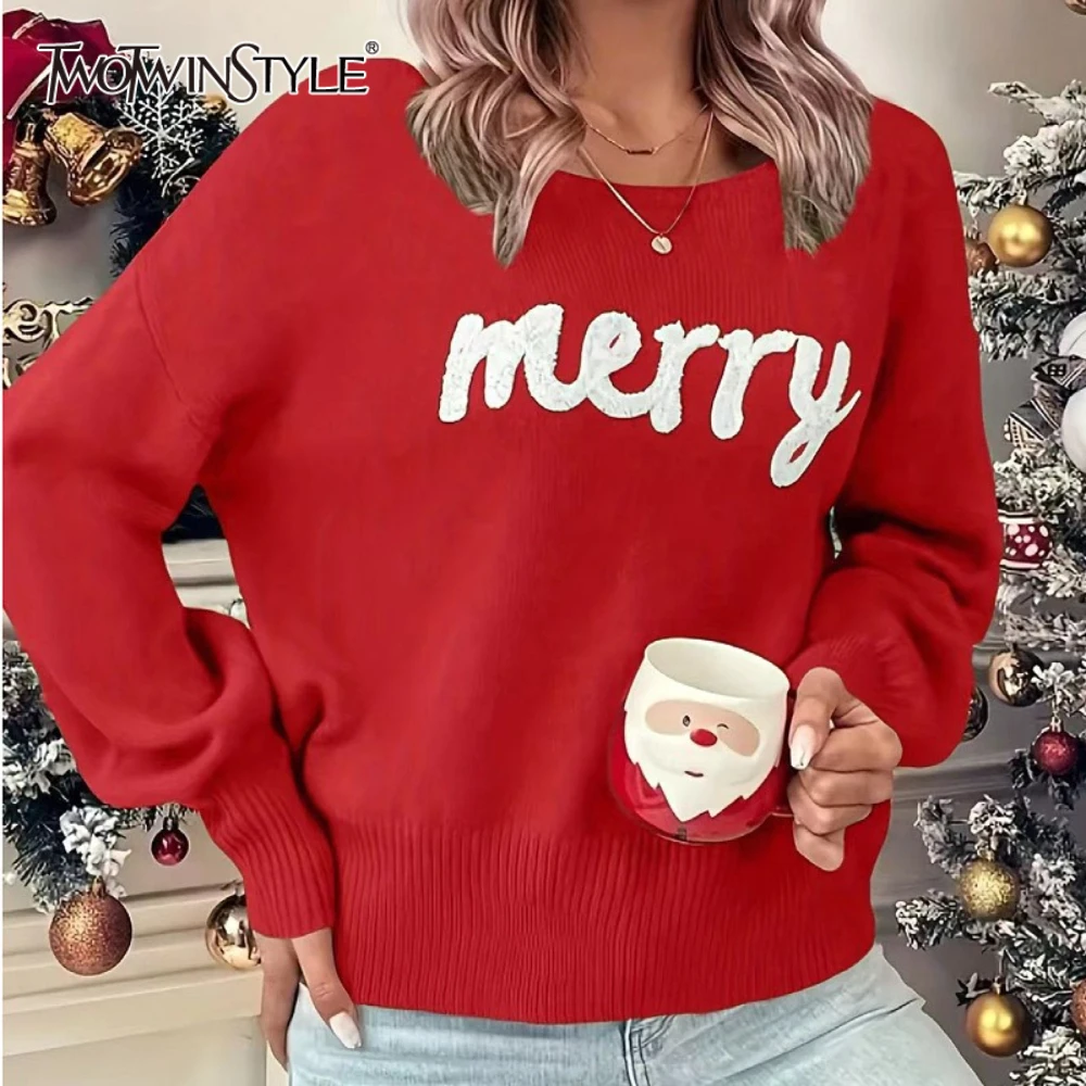 

TWOTWINSTYLE Hit Color Christmas Sweater for Women Round Neck Long Sleeve Spliced Letter Classic Pullovers Female Autumn Trendy