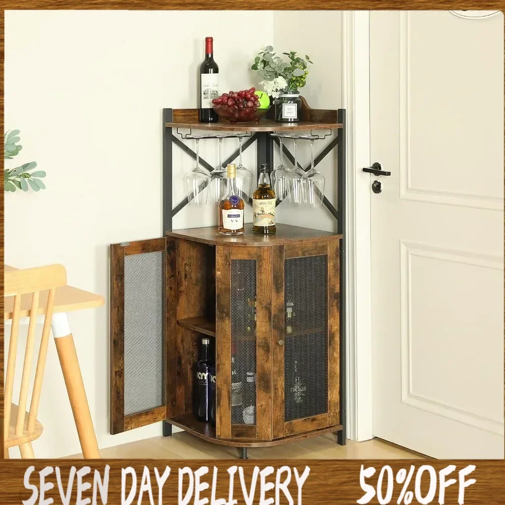 

Corner Bar Cabinet with Glass Holder, Industrial Wine Cabinet with Mesh Door, Liquor Bar Cabinet with Adjustable Shelf, Home Bar