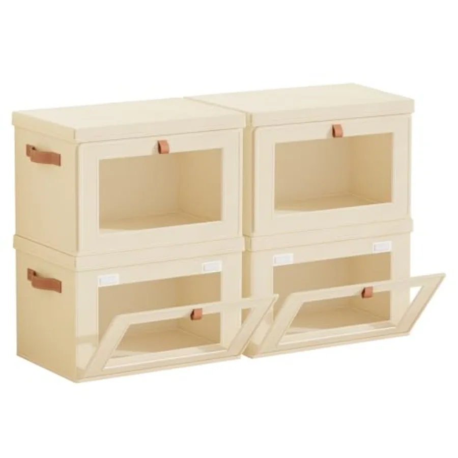 

4 Pack Foldable Storage Bins - Fabric Decorative Storage Boxes with Handles and Window, Collapsible Organizer for Closet, Shelf