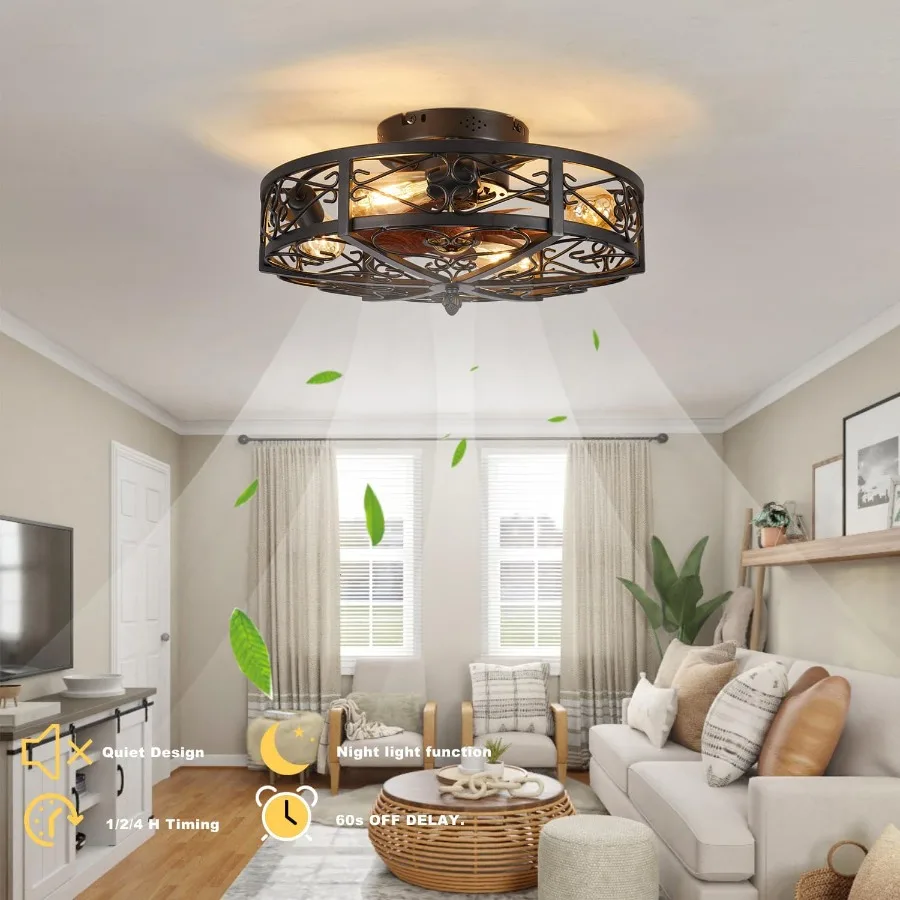 20 Caged Farmhouse Flush Mount Ceiling Fan with Light and Remote Control Bladeless Low Profile Ceiling Fans with Lights Enclose