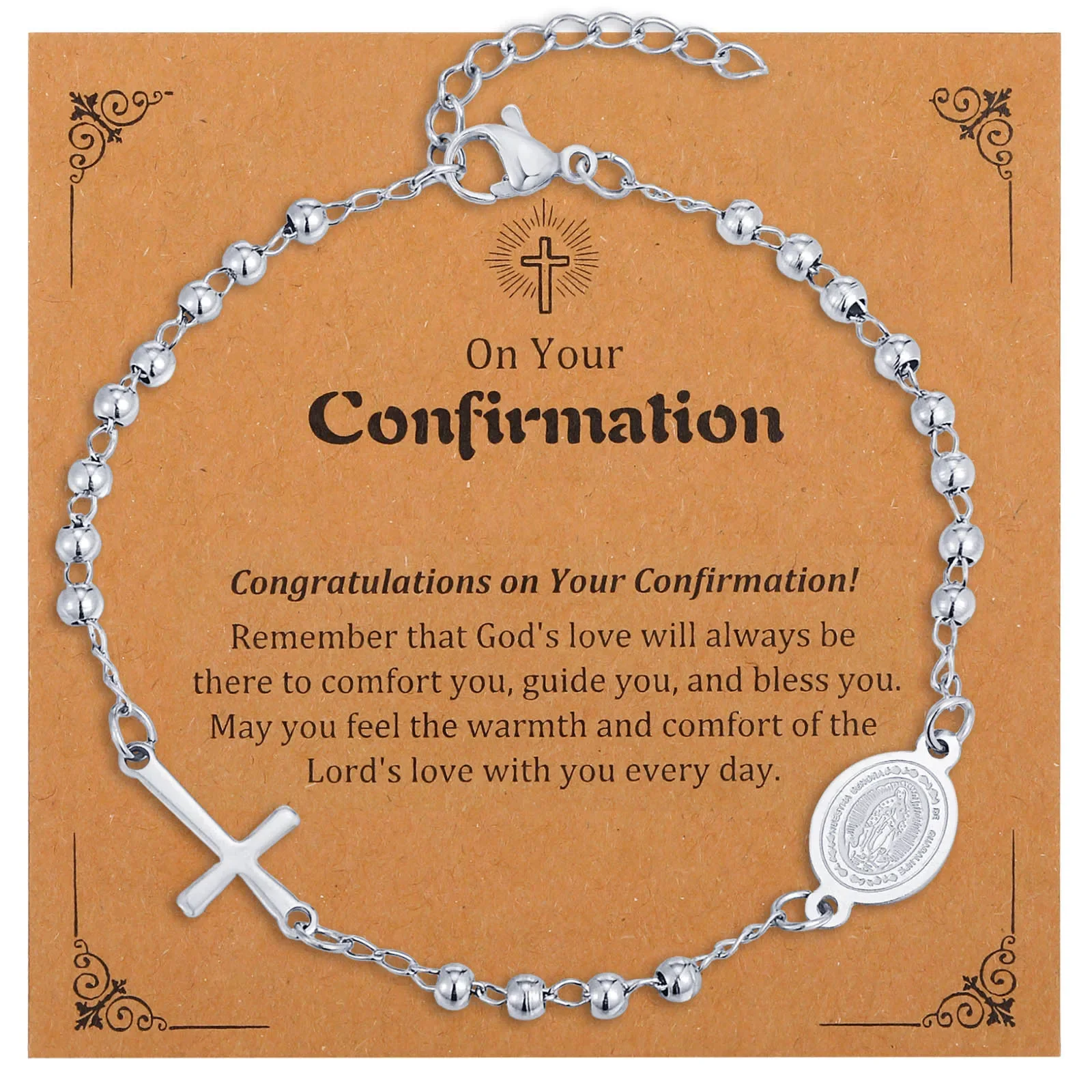 Silver Color Virgin Mary Rosary Bracelet, Catholic Religious Cross Chain Bracelet for Women Adjustable, Communion Baptism Gift
