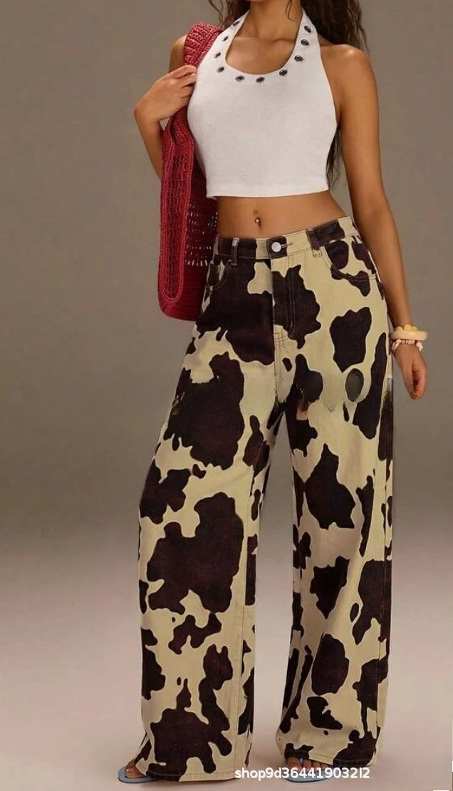 2026 New Fashion Print Pants For Woman Vintage Baggy Wide Pants Streetwear Button Up Jogger Trousers Mid Waist Women's  Pants