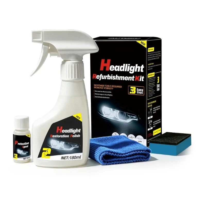 DIY Headlight Lens Care with 180ml Restoration Liquid, Sponge Cloth and Protective Finish for Yellowed Hazy Plastic H9EE
