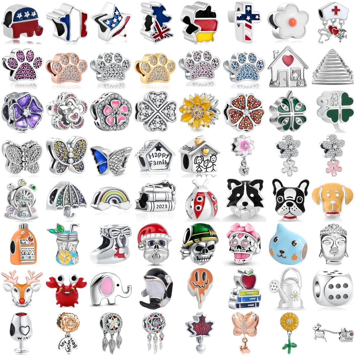 925 Sterling Silver Mixed Theme Charm Beads Flag Paw Print Four Leaf Clover Family Animal Skull Beads DIY Jewelry Gift
