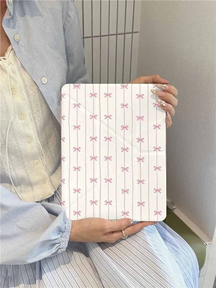 Korea Pink Stripe Bow Tablet Case For iPad Pro 11 12.9 13 8.3 M4 M5 9.7 10.2 5/6th 7/8/9 10th 11th Mini 6 7 Air 5 6 Stand Cover