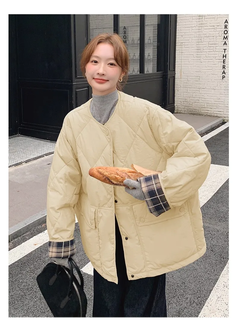 Retro Plaid Patchwork Lightweight Puffer Jacket Autumn Winter Loose Casual Quilted Jacket Female Round Neck Commute Padded Coats