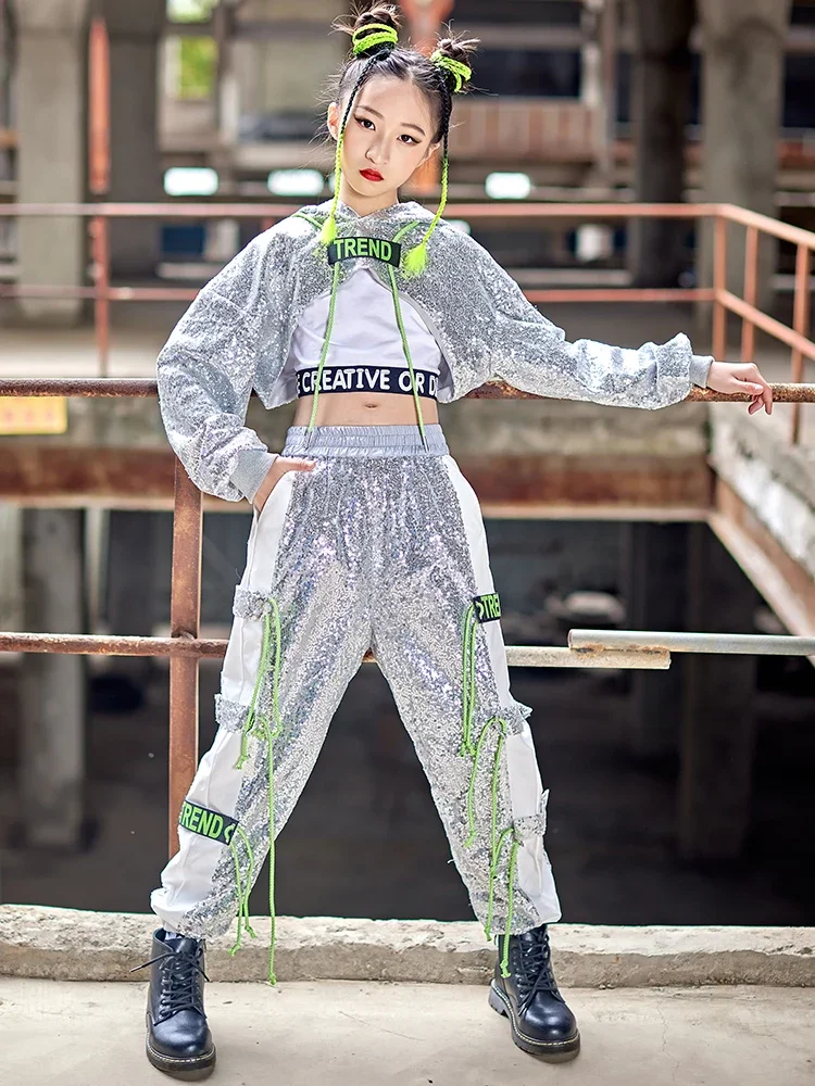 Coole Jazz Kinder Pailletten Silber k Pop Outfits Street Dance Kostüme moderne Tanz Nabel Performance Kleidung Hip Hop Mädchen Kleidung