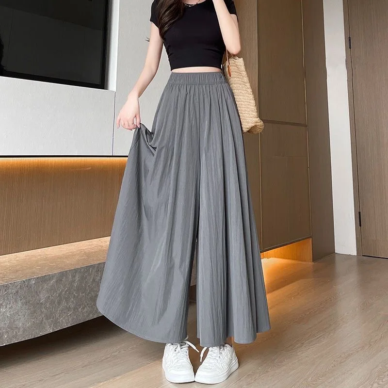 Summer Thin Ice Silk Wide Leg Pants Women's Casual High Waist Elastic Polyester Fiber Long Skirt Pants Cool Feeling
