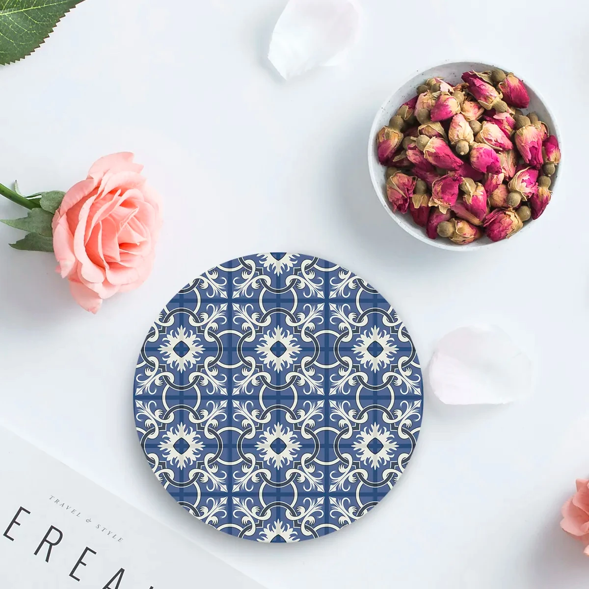 Blue Bouquet Flower Plaid Placemat Ceramic Coaster Round Glue Non-slip Cork Backing Cup Pad Set Drink Insulation Glass Cushion