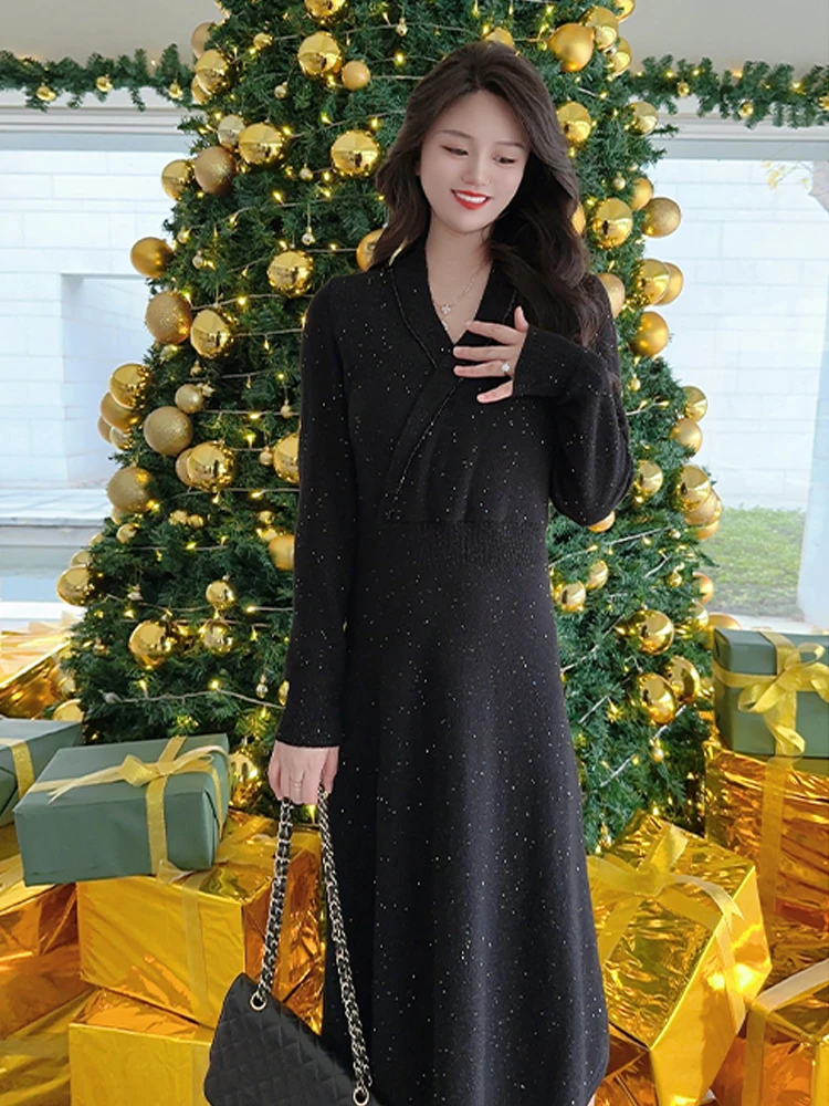 

High Waist V-Ne Wool Dr Women's Spring Autumn New Sle A-Line Long Skirt Cross Design Casual Comfortable French Sle