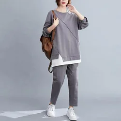 Pants Set Casual Oversized Long Sleeve T-shirts Elastic Waist Harem Pants Patchwork Korean Style Two Piece Sets Women Outfits