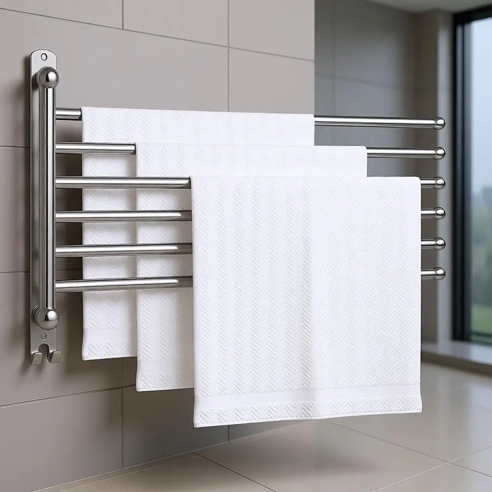 

Space-Saving 6-Arm Swivel Towel Rack, Wall-Mounted Stainless Steel for Bathroom and Pool, Silver Finish