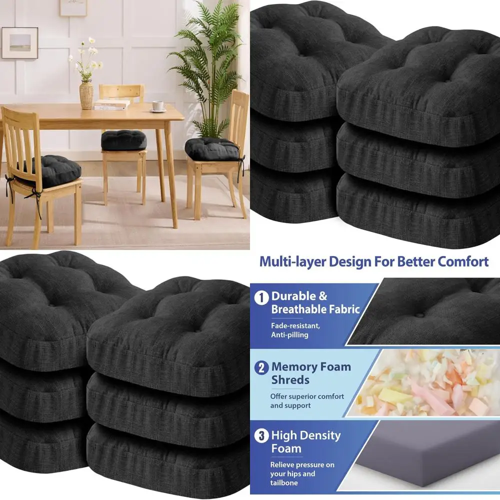 

Черные подушки для обеденных стульев, 16,5 x 16,5 x 3,5, набор из 6 шт., нескользящие и завязанные подушечки для внутреннего сиденья