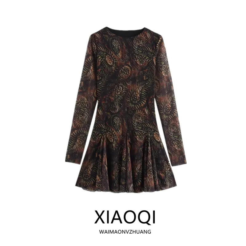 ฤดูใบไม้ร่วงฤดูหนาวใหม่มาถึงผู้หญิง ort เอว-Cinching รอบ Ne Dr ดอกไม้พิมพ์ผ้าไหม Me Commute Sle ยาว Sve