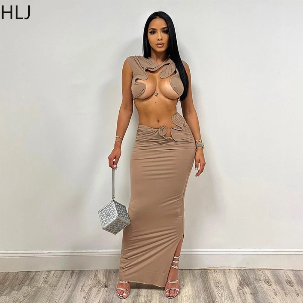 HLJ Sexy Hollow Out Fashion Design 2024 Party Outfits Women Crop Top Side Slit Bodycon Skirts Matching Sets Night Club Vestidos