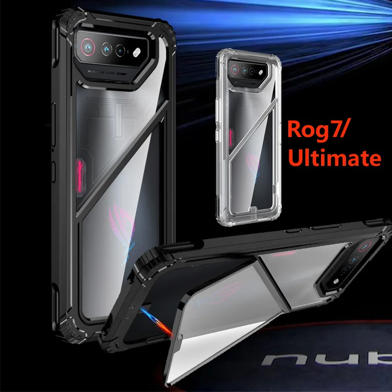 Shockproof Case for Asus ROG Phone 7 Ultimate Rog7 Hard PC + TPU Hybrid Protective Clear Phone Cover W/ Foldable Stand Capas