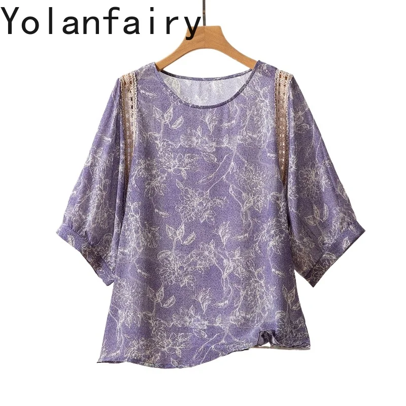 

YOLANFAIRY 100% Real Mulberry Silk Blouse for Woman Elegant Printed Hollow Out Women Shirt Summer Top Chic Shirts and Blouses