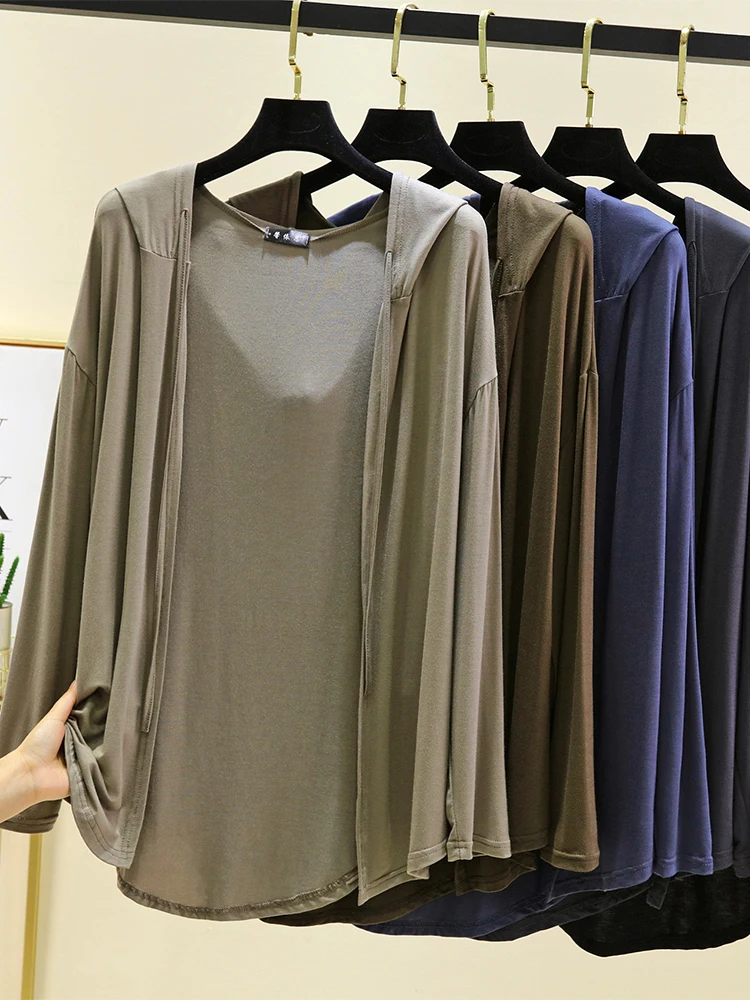 Loose Modal Hooded Open Cardigan Women Summer Thin Long Sleeve Outerwear  Color Casual Lightweight Air Conditioning Top