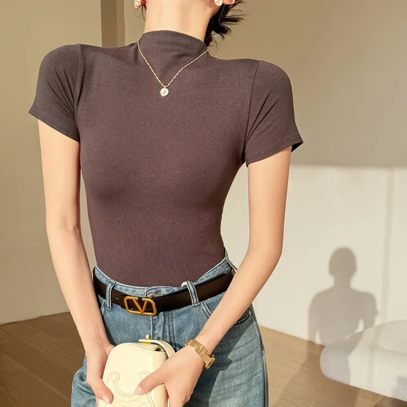 Korean spring modal half turtleneck bottoming shirt women's top slim-fitting short-sleeved right shoulder T-shirt design