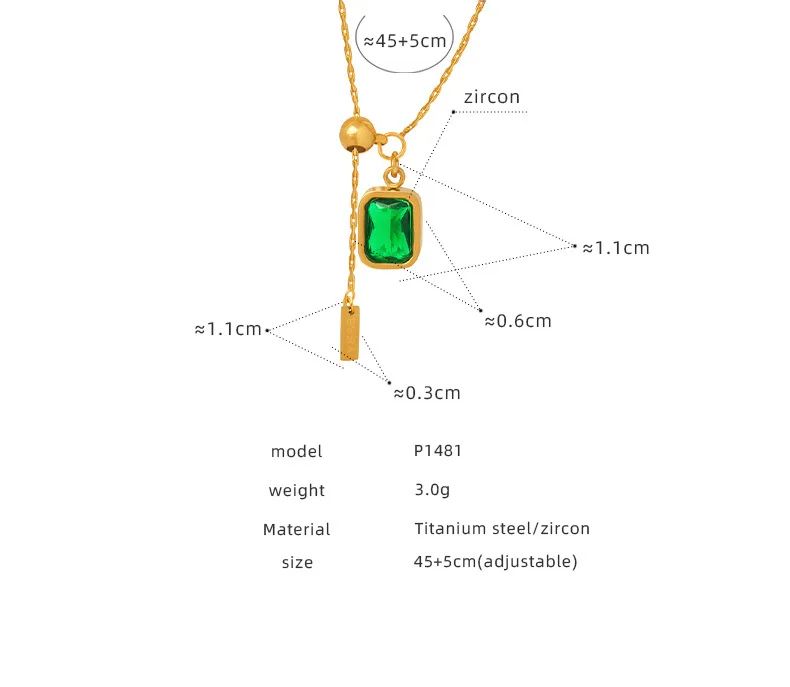 Grüne Zirkon-Anhänger-Halsketten aus Edelstahl, 18 Karat vergoldet, wasserdicht, nicht anlaufend, verstellbare Kette für Damen – Detail 2
