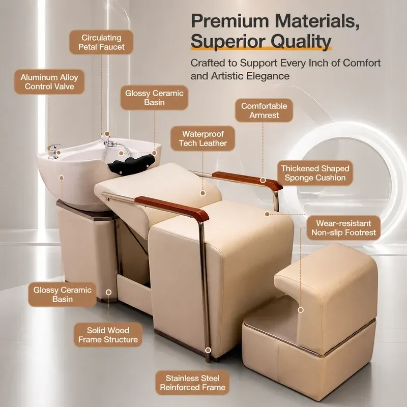 Bojo Semi Reclining Shampoo Bed with Ceramic Basin Simple Flush Hair Washing Chair for Barber Shop