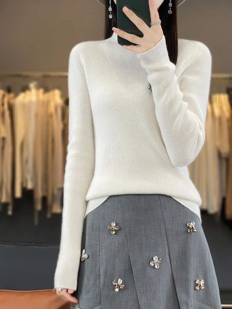 Spring Autumn 100% Merino Wool Sweater Pullover Women's Mock Neck Elegant Slim Solid Ribbed Knitwear Basic Long Sleeve Cashmere