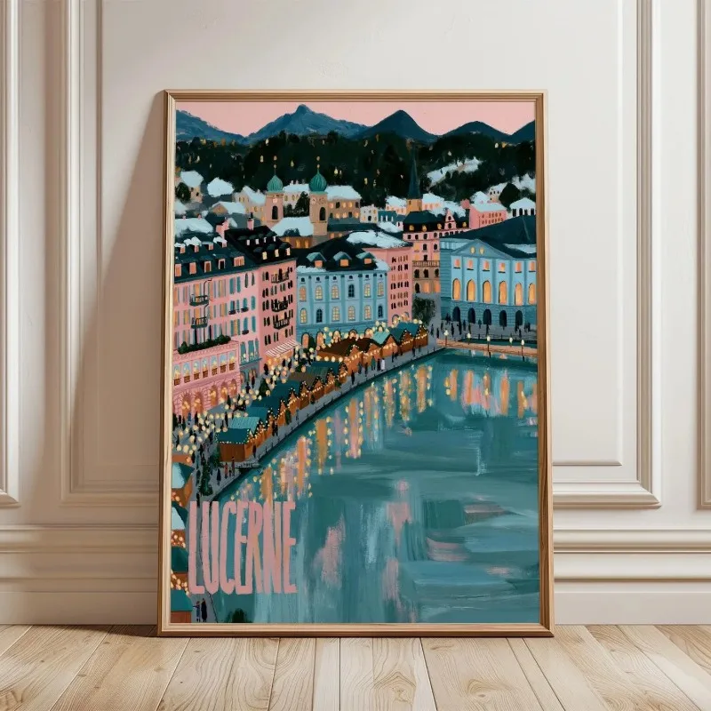 Lucerne Switzerland Cityscape Canvas Wall Art Colorful European Town River View Unframed Canvas Print Travel Home Wall Decor