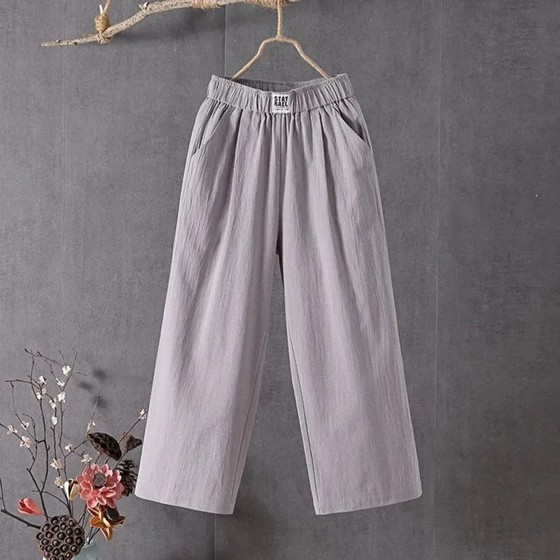 Summer Elastic Waist Women's Pants Casual Elastic Waist Solid Cotton Linen Ankle Length Pants Female High Quality Baggy Trousers