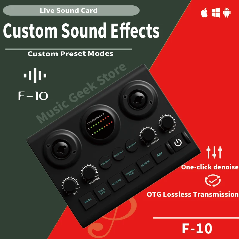 F10 Live Sound Card Streaming Audio Mixer 48V Phantom Power OTG Lossless Bluetooth Intelligent Noise Reduction Plug and Play