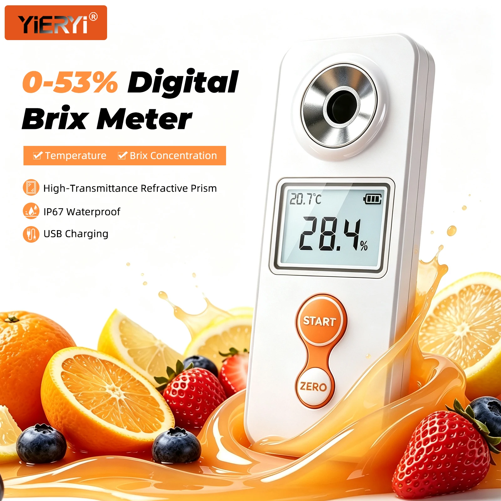 Yieryi Digital Refractometer Brix Meter 0-32% 0-53% Rechargeable Sugar Meter Fruit Juice Beverage Density Tester IP67