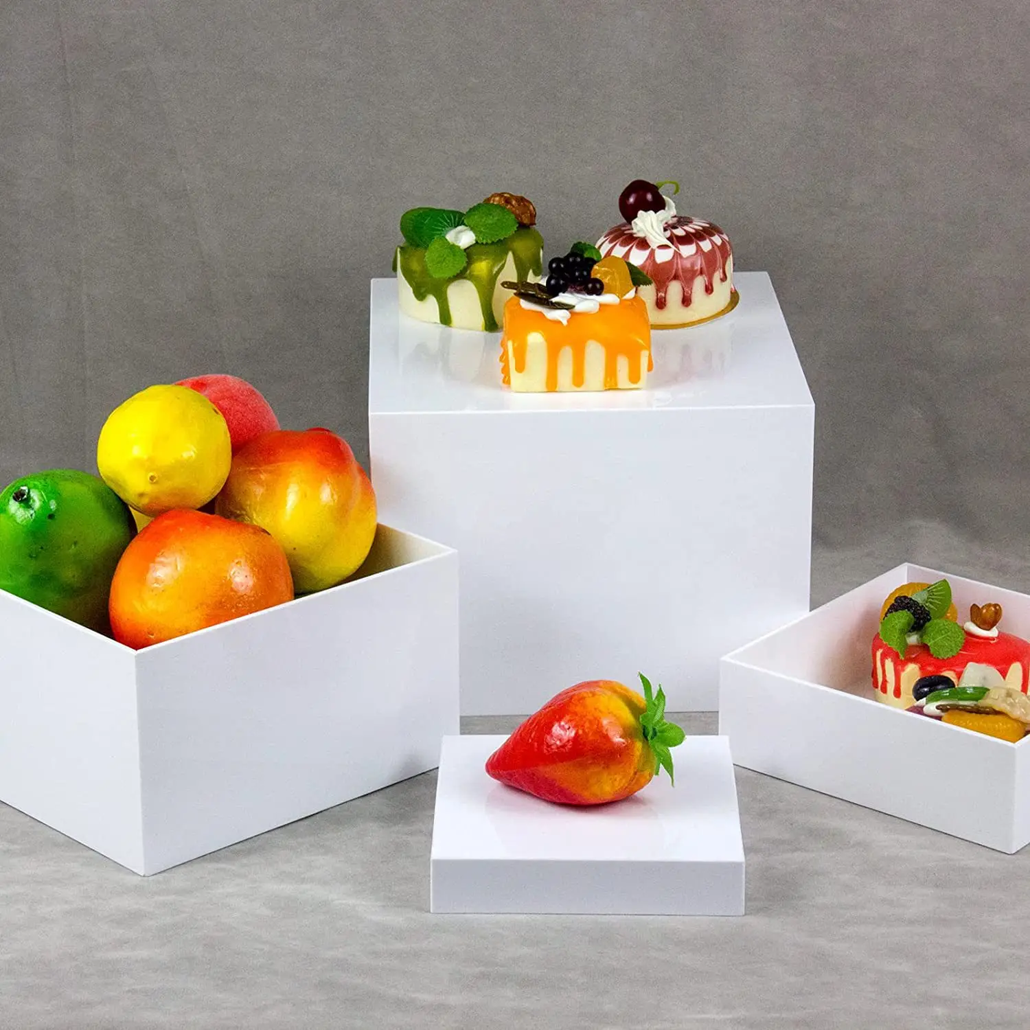 

Mutilfuntion Acrylic Food Display Risers Cubes Acrylic Food Display Stand White Buffet